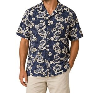 Vintage Barefoot in Paradise Navy Ukulele Lei Print Hawaiian Shirt Men's XL